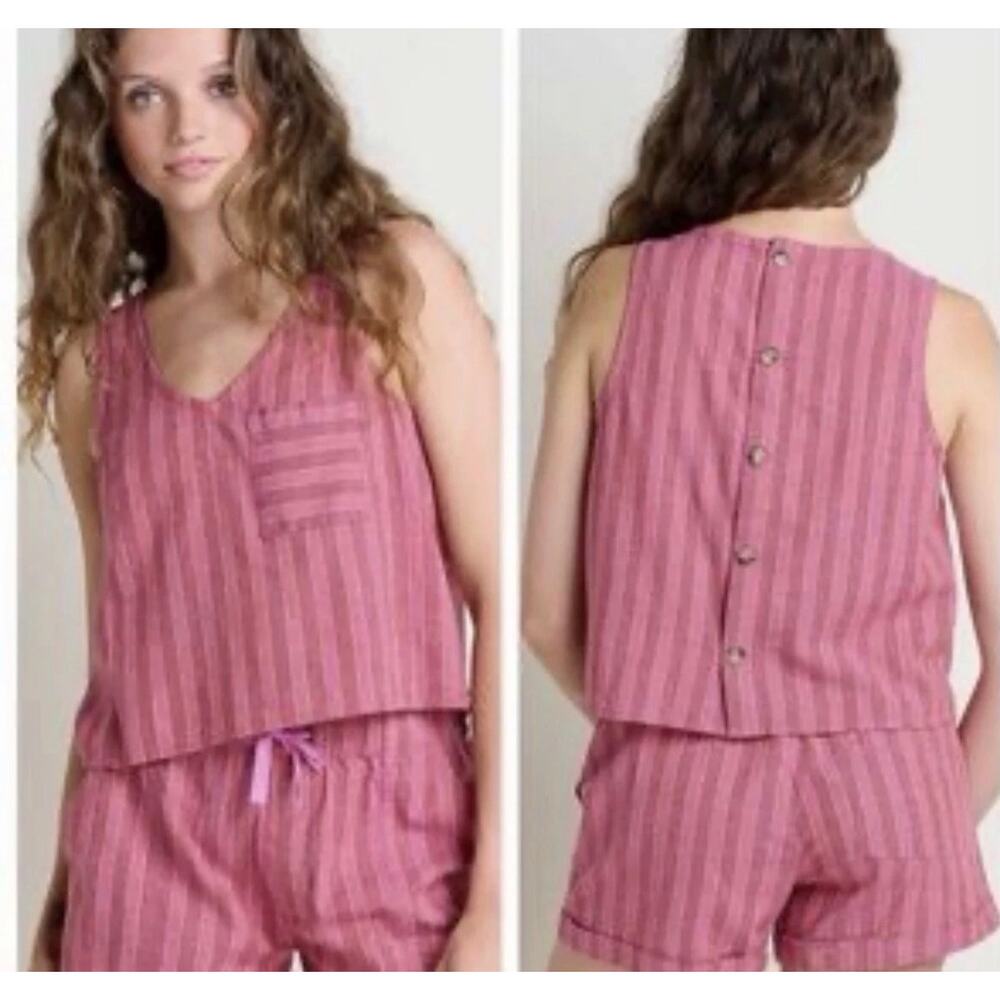 Toad & Co Taj Hemp Baja Button Back Tank Top in pink striped colorway